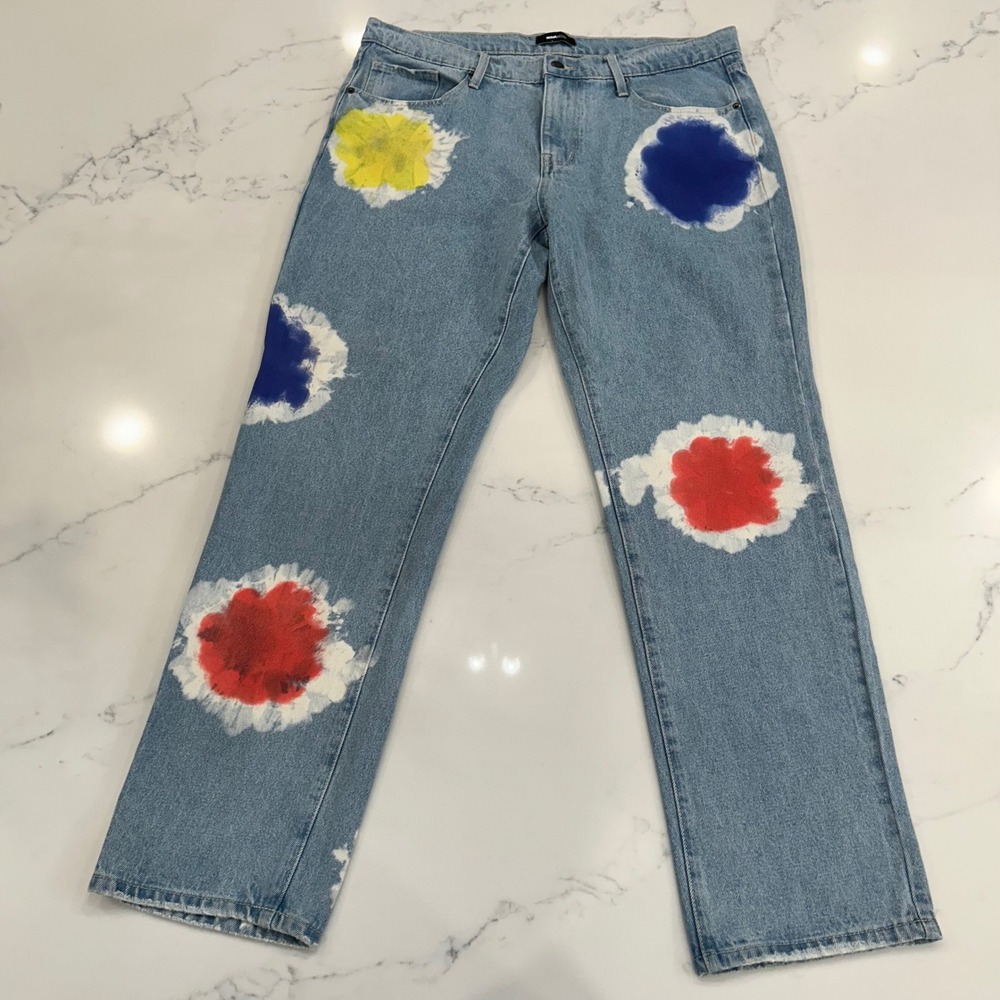 Nova‎ Men Jeans 38 Distressed Straight Leg Y2K Streetwear Paint Patch Grunge